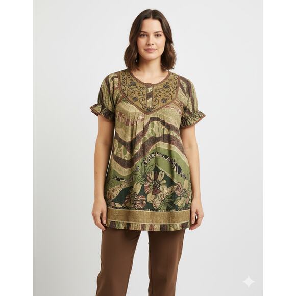 Babydoll embroidered earthy tone Top size large beads ,lace, puff sleeves ,Boho - Picture 1 of 9